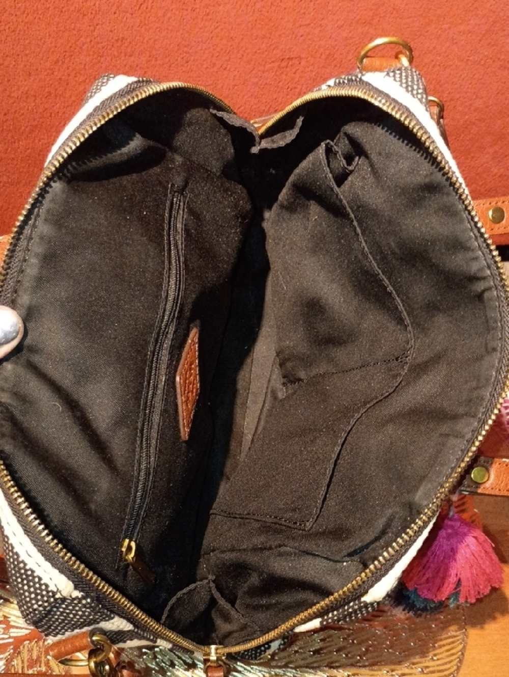 Fossil Black and White Striped Satchel with Brown Leather Trim and Pink Tassel - Picture 10 of 12